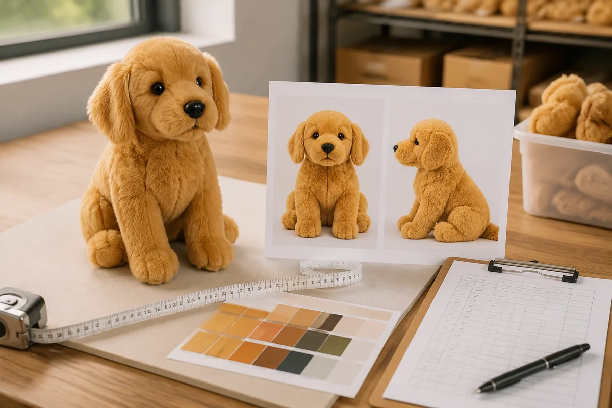 Campione gold del giocattolo per animali affiancato all’immagine principale della listing Amazon, con checklist di colore e misura