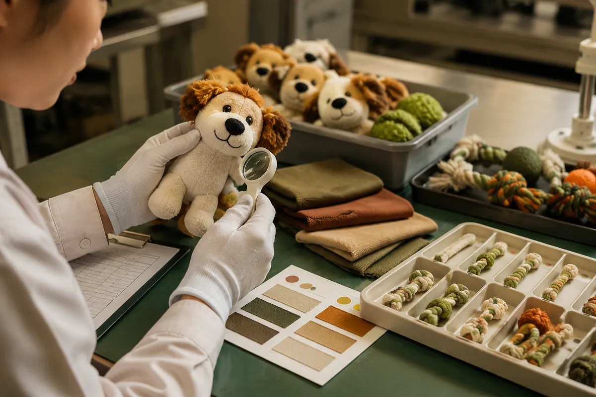 Banco QC in linea che ispeziona peluche e giocattoli in corda per animali su tenuta delle cuciture, etichette e lotto colore prima della spedizione FBA