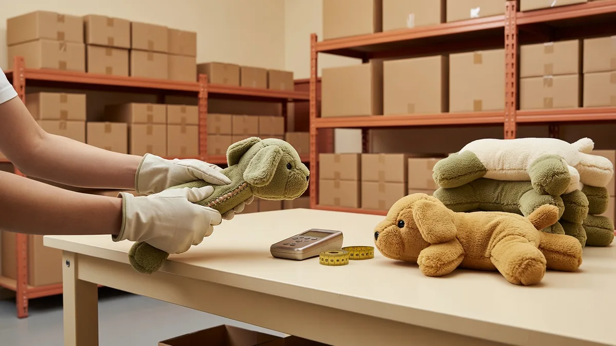 Prova di trazione QC in fabbrica su una cucitura di un giocattolo in peluche per cani accanto a un golden sample approvato