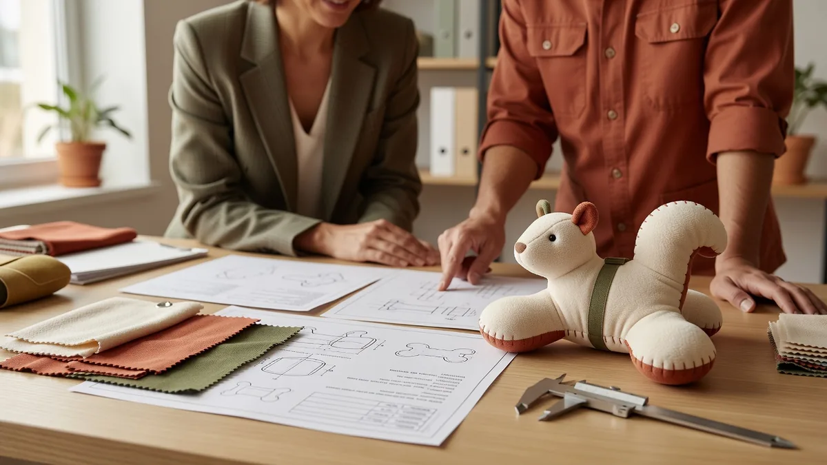 Tech pack, campioni di tessuto e un prototipo in peluche sulla scrivania durante la revisione dell'RFQ di un produttore di giocattoli per animali ASTM F963