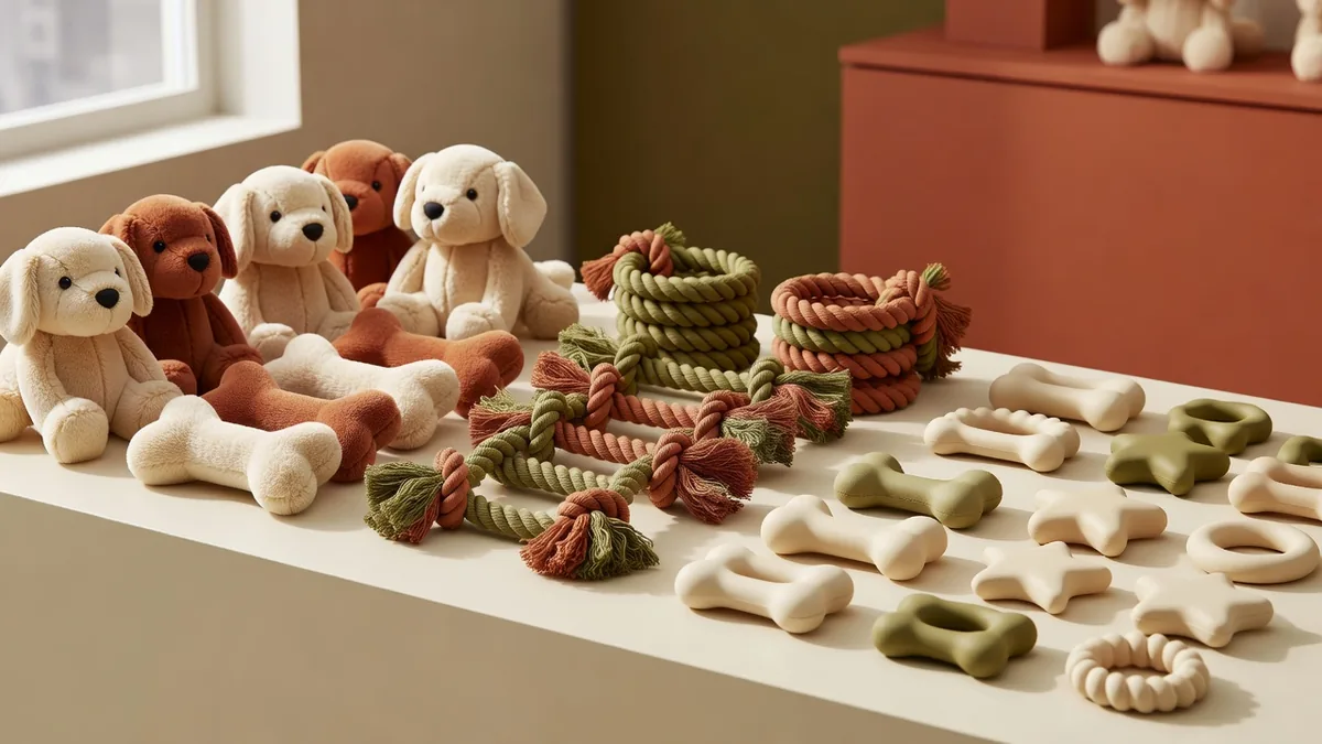 Assortimento di giochi per cuccioli all'ingrosso con corpi in peluche morbido, corda e gomma leggera su un banco campioni color crema caldo