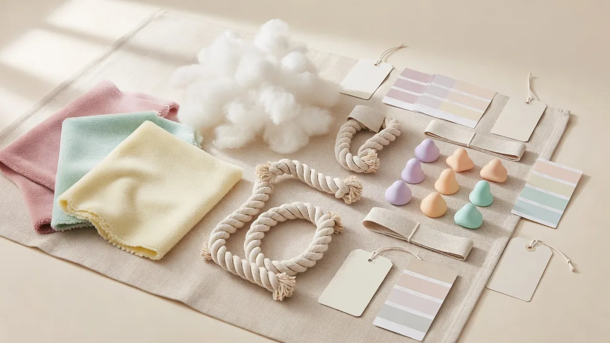 Flatlay materiali per giochi per cuccioli all'ingrosso: peluche morbido, fiberfill, corda di cotone, pezzo da dentizione in TPR morbido, etichette tessute e cartelle colore
