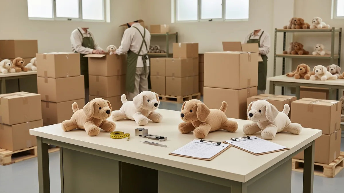 Banco QC per giochi per cuccioli all'ingrosso: test di trazione della cucitura, controllo del materiale morbido e pack-out del cartone export