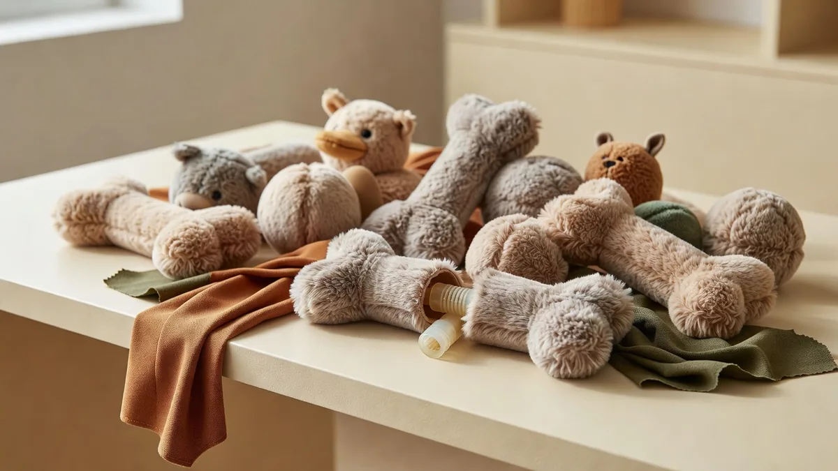 Assortimento di giocattoli squittenti per cani all'ingrosso, con corpi in peluche e inserti squittenti a vista, su un banco di campionatura color crema caldo