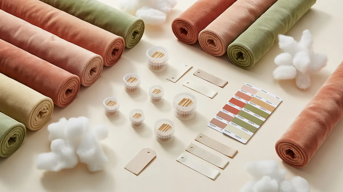 Flatlay dei materiali per giocattoli squittenti all'ingrosso: tessuto peluche, fibra, squittii a lamella in plastica, etichette tessute, hangtag e cartelle colore