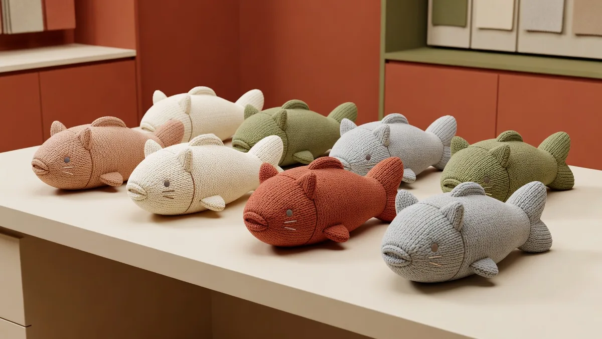Assortimento di cuscini peluche a maglia a forma di pesce per gatti in colorazioni crema, terracotta, oliva e grigio su un banco campionatura crema caldo per buyer all'ingrosso