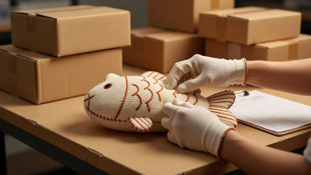 Ispettore qualità che verifica resistenza delle cuciture e integrità del punto a maglia su un cuscino peluche a maglia a forma di pesce per gatti al banco QC di fabbrica