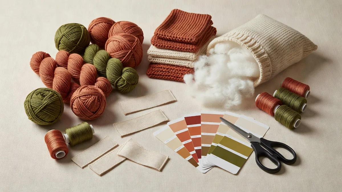 Matasse di filato, campioni a maglia, fiberfill, filo da ricamo, etichette tessute e cartelle colore per la produzione di cuscini peluche a maglia a forma di pesce per gatti
