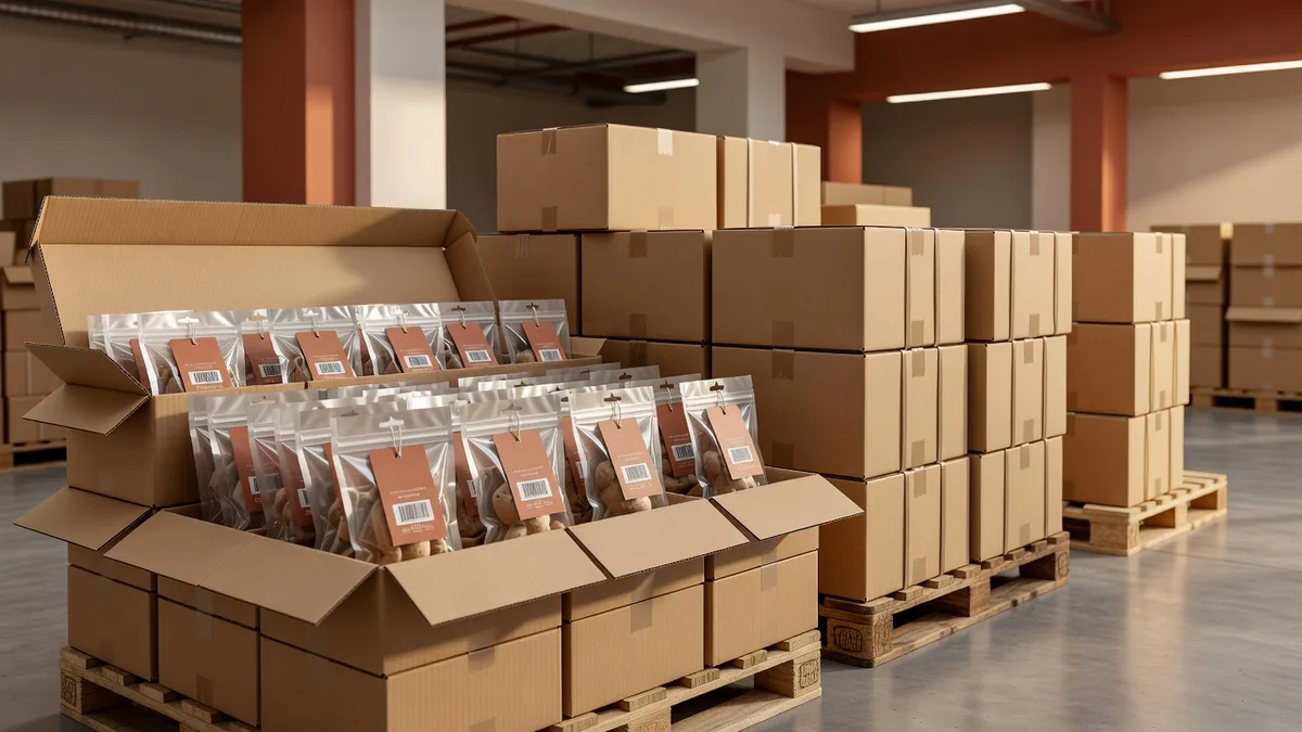 Pack-out export di giochi per gatti in polybag con hangtag, in master carton aperti su un pallet di magazzino