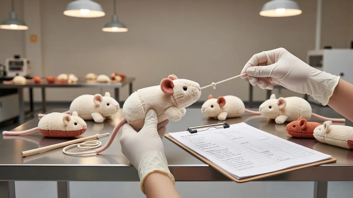 Banco di controllo qualità in fabbrica per giochi per gatti, con verifiche di strappo delle cuciture e ispezione dei nodi delle bacchette prima della spedizione