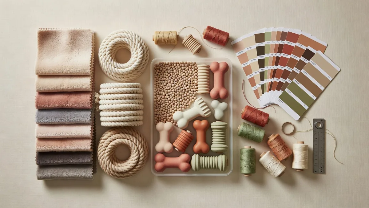 Flatlay di materiali e QC per l’approvvigionamento da una fabbrica cinese di giocattoli per animali adatta alle piccole imprese: tessuto, corda, TPR, cartelle colore