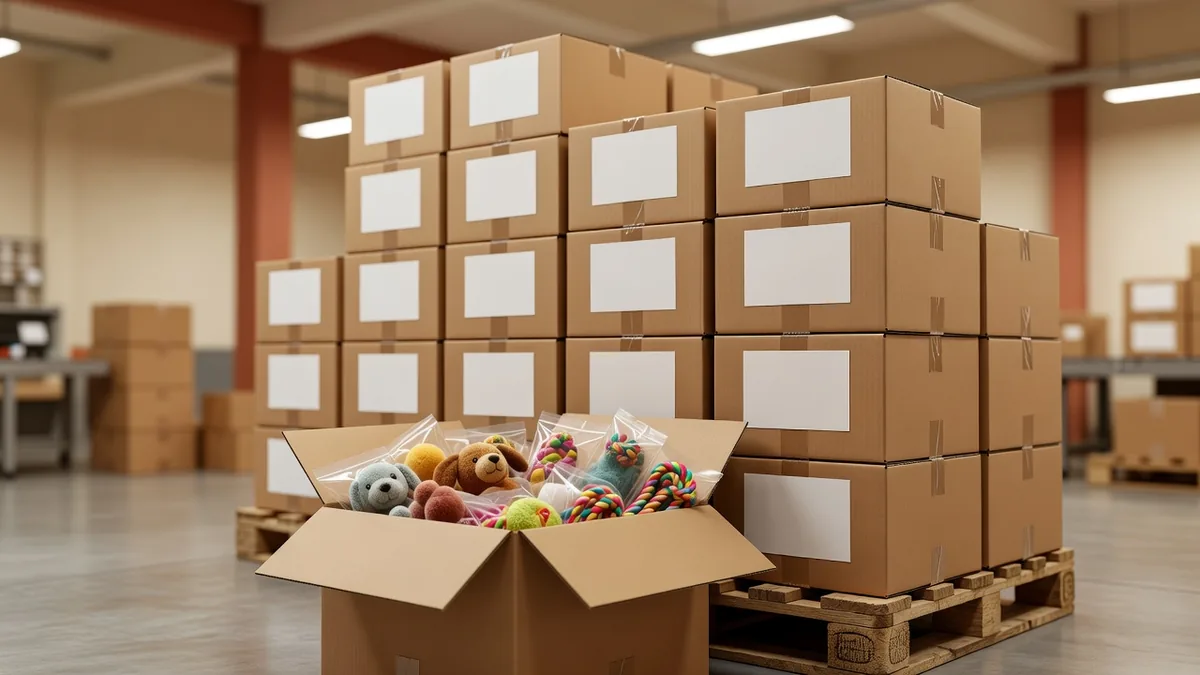 Cartoni di pack-out export per ordini di prova di una fabbrica cinese di giocattoli per animali adatta alle piccole imprese, con etichette SKU misti