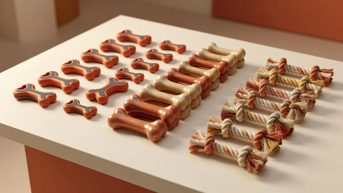 Assortimento Classic Chew di giocattoli resistenti per cani su un banco campioni crema caldo, con ossa in TPR, palline in foam e corda