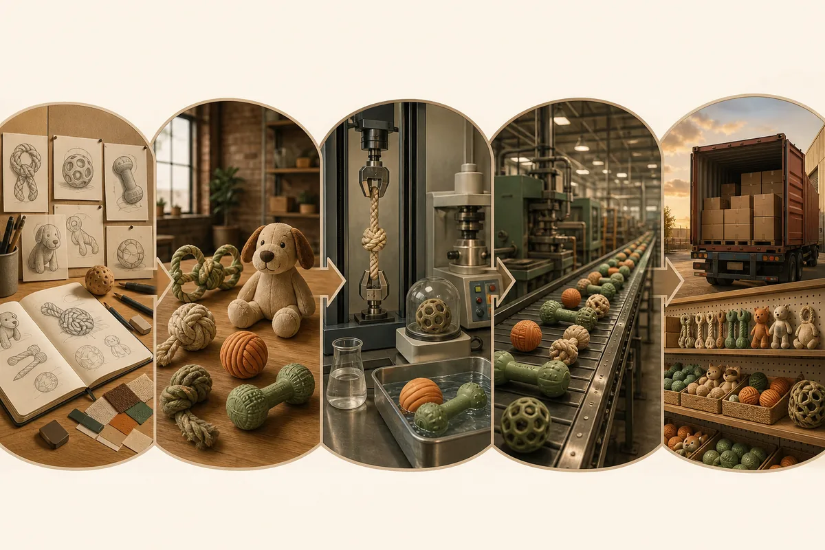 Tempistica di sviluppo in cinque fasi di un giocattolo per animali personalizzato: schizzi di concept → prototipazione → test di laboratorio → linea di produzione → spedizione allo scaffale retail