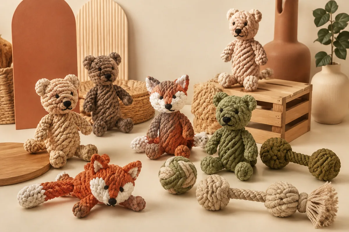 Assortimento di giocattoli per cani a forma di animale in corda di cotone su un banco campioni crema caldo, con sagome di orso e volpe per buyer OEM