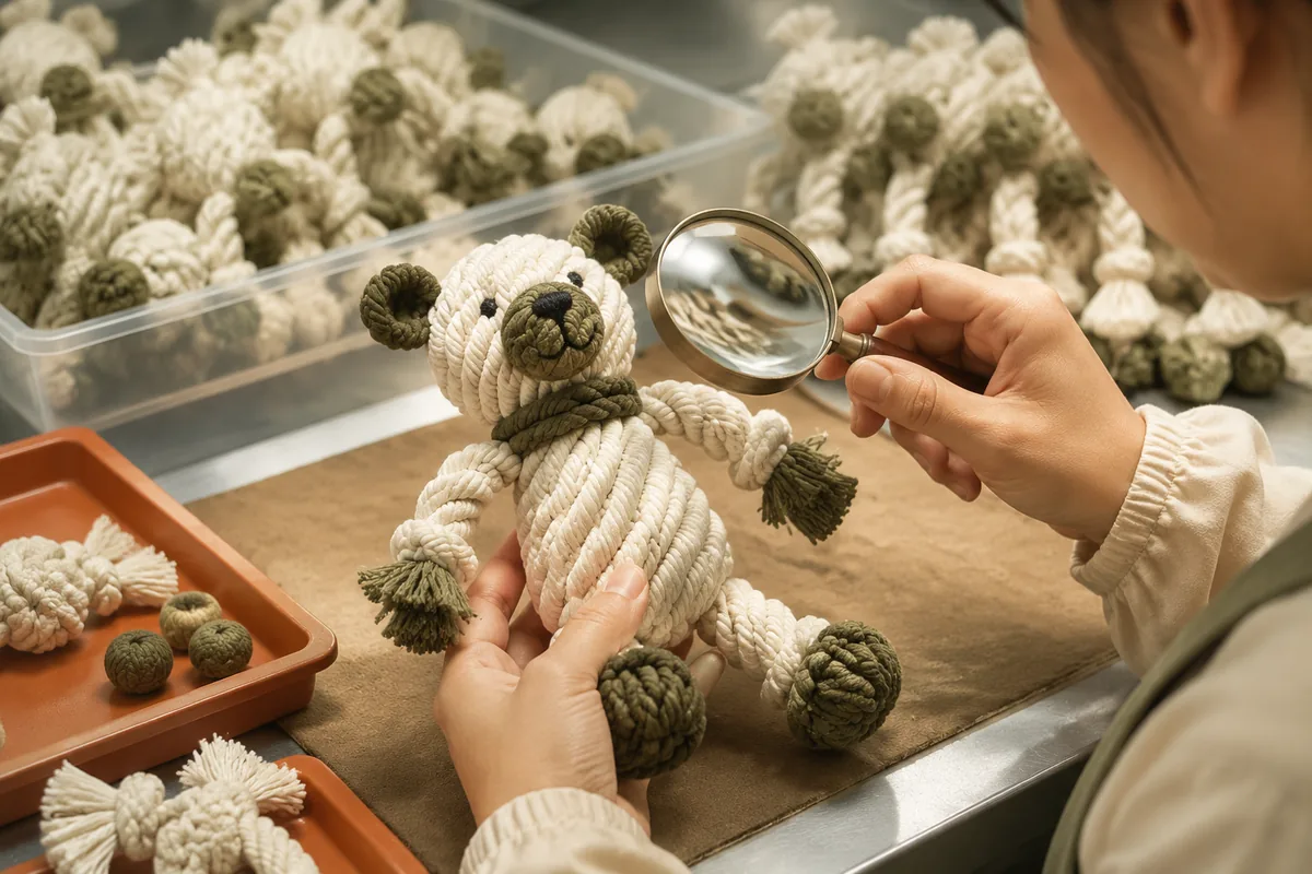 Ispezione QC di cuciture, estremità dei nodi e ricamo di un giocattolo per cani a forma di animale in corda di cotone su un banco di controllo qualità in fabbrica
