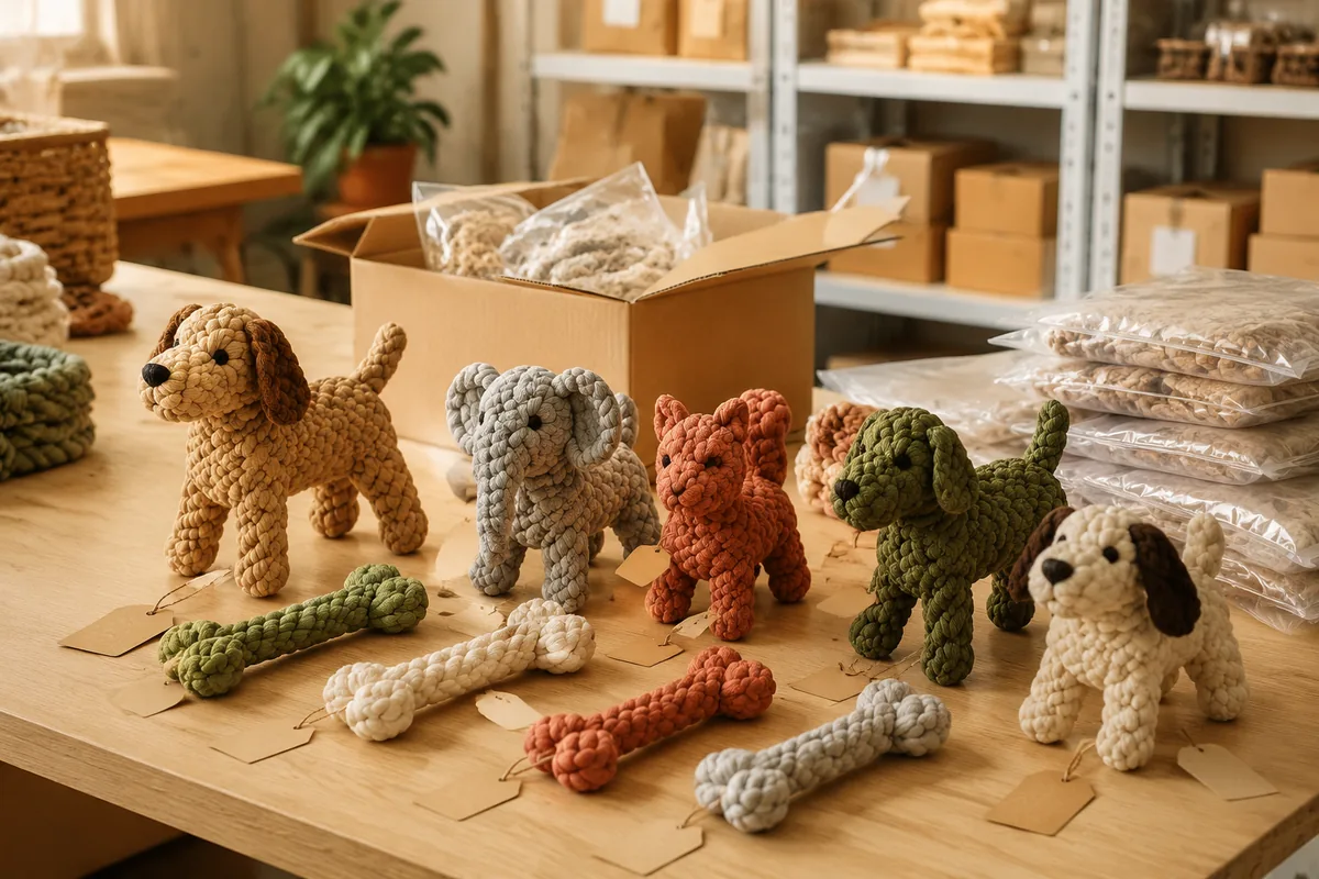 Campionatura e confronto MOQ di giocattoli per cani a forma di animale in corda di cotone, con colorway e hangtag sul banco di imballo in fabbrica
