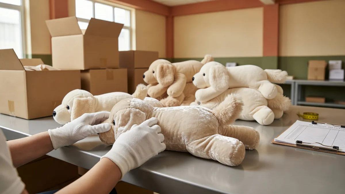 Stazione QC che controlla cuciture, direzione del pelo, peso di imbottitura e packaging private label di un gioco per cani in peluche crystal velvet prima dei cartoni export
