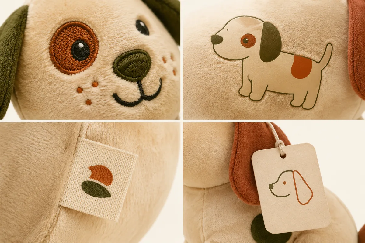 Confronto delle tecniche di branding per peluche personalizzati per cani: ricamo, stampa a trasferimento termico, etichetta di cura tessuta e hangtag