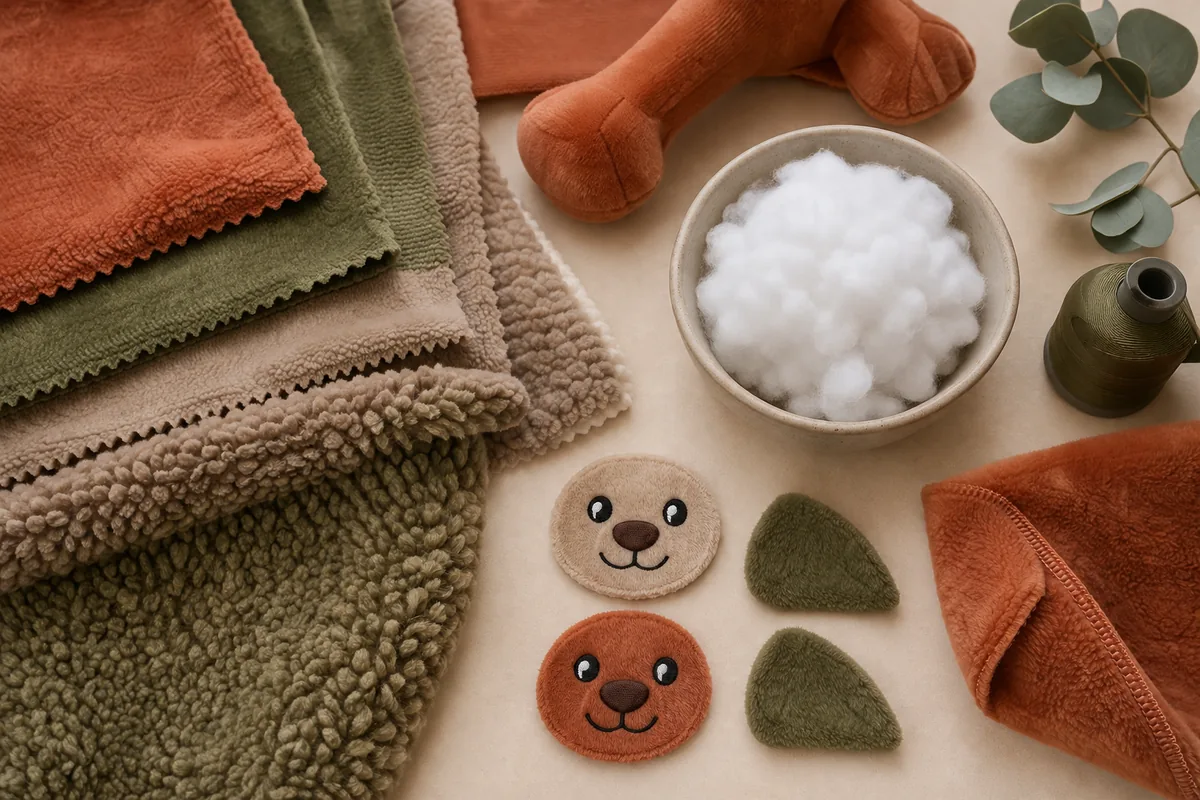 Campioni di materiali e costruzione di peluche personalizzati per cani, inclusi tessuto a pelo corto, sherpa, fiberfill, ricamo e cuciture rinforzate, per le RFQ ai produttori in Cina