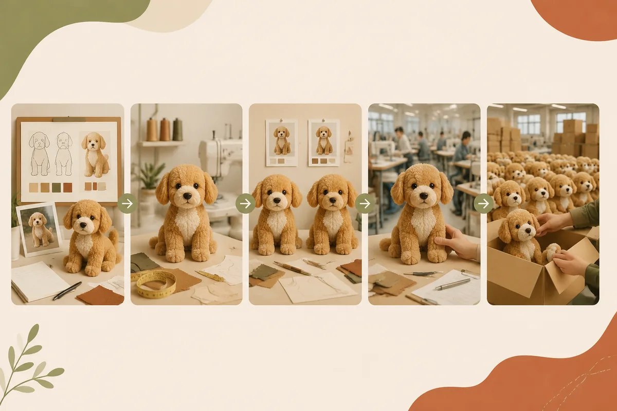 Timeline di campionatura dei peluche personalizzati per cani, dal brief e dal proto sample attraverso la revisione, il pre-production sample e il QC del bulk