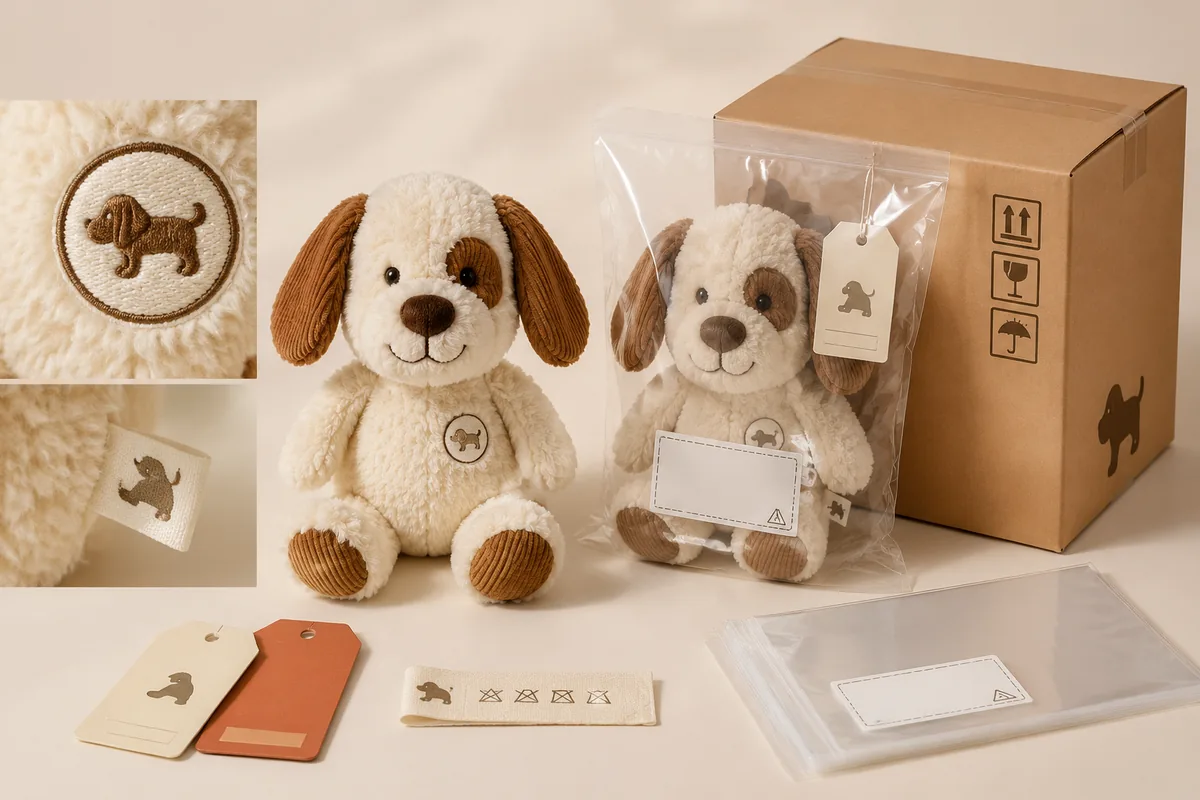 Branding e packaging OEM di peluche personalizzati per animali domestici: logo ricamato, etichetta tessuta di cura, hangtag, polybag e cartone master da export