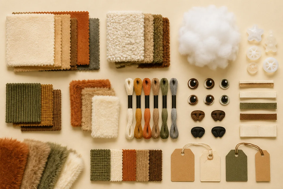 Flatlay dei materiali OEM per peluche personalizzati per animali domestici: pelo corto, sherpa, fibra di imbottitura, campioni di ricamo, etichette tessute e opzioni squeaker