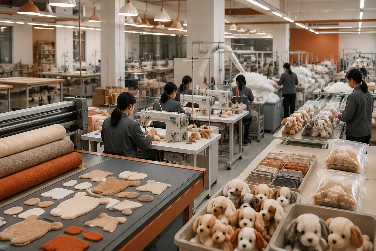 Linea di produzione OEM di peluche per animali domestici, con stazioni di taglio tessuto, cucitura, imbottitura ed etichettatura in una fabbrica in Cina
