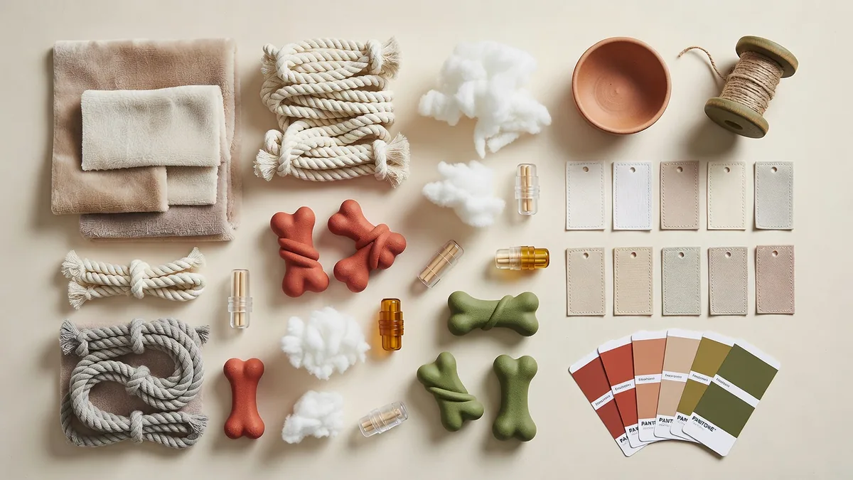Flatlay di materiali e QC per giocattoli per animali scontati all'ingrosso: tessuto peluche, corda, campioni TPR, hangtag, carte colore