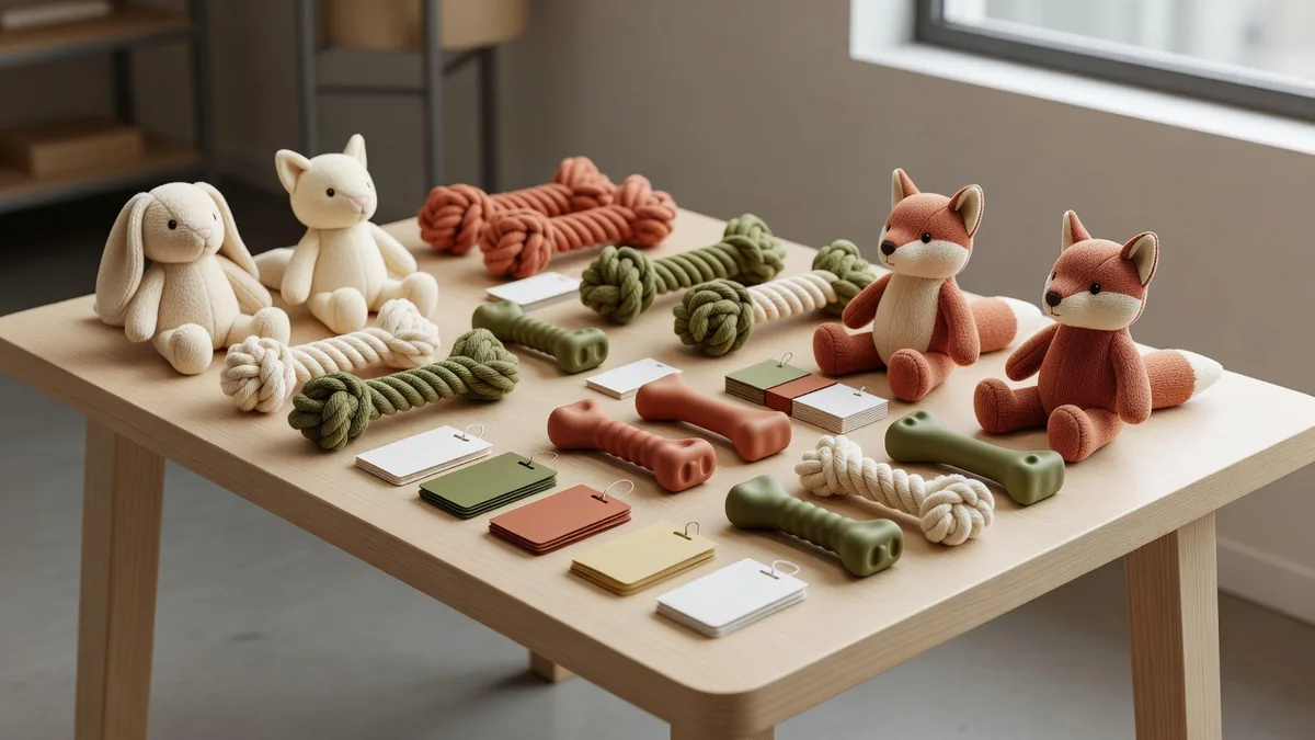 Assortimento di giocattoli per cani su un banco di campionatura B2B, per distributori che valutano SKU in peluche, corda e gomma