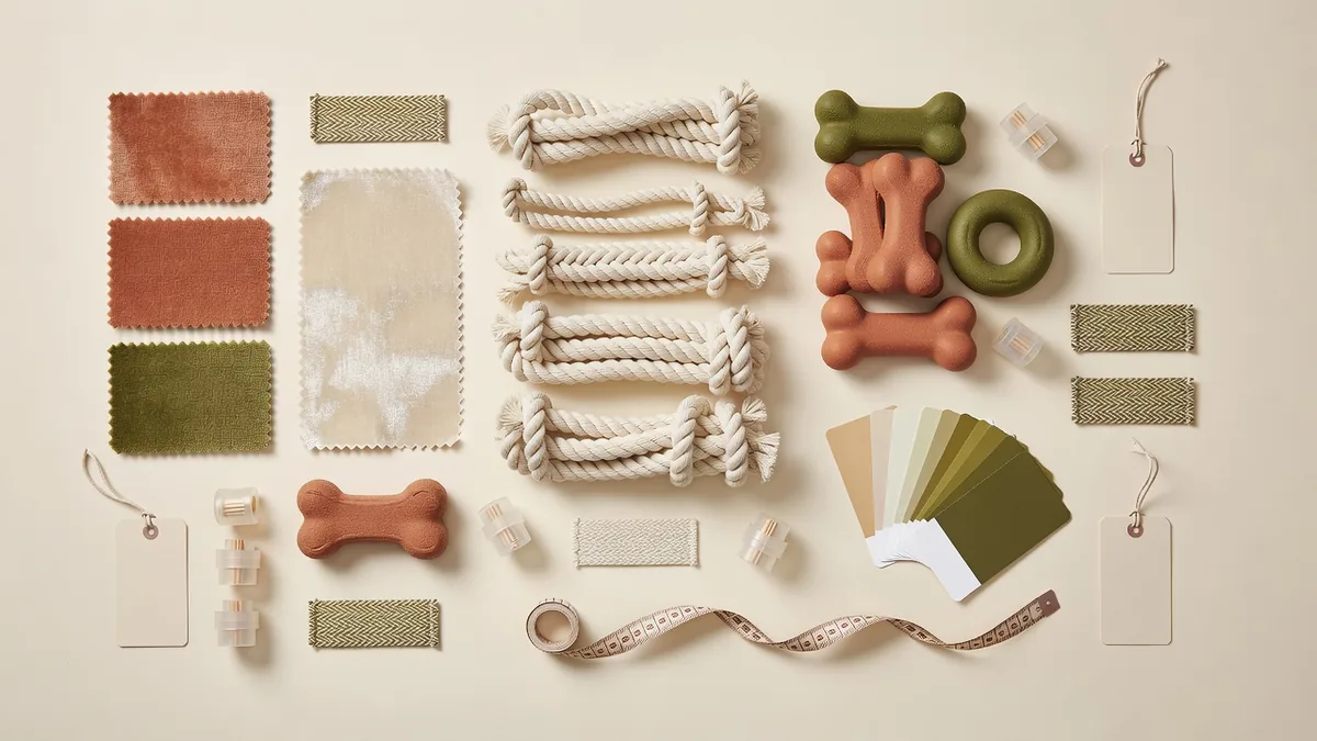 Flatlay materiali per RFQ di distributori di giocattoli per cani: tessuto peluche, corda, campioni TPR, hangtag, cartelle colore