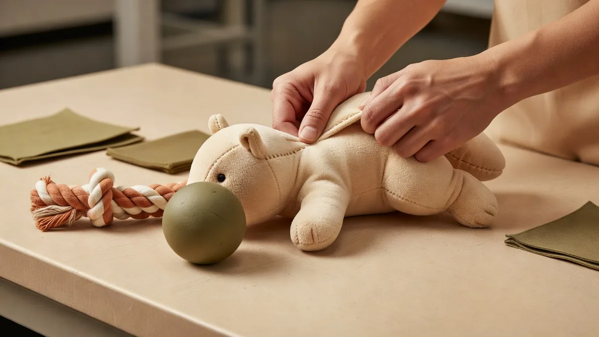 Prova di trazione sulla durabilità di un giocattolo per cani sulla cucitura del peluche al banco QC di fabbrica