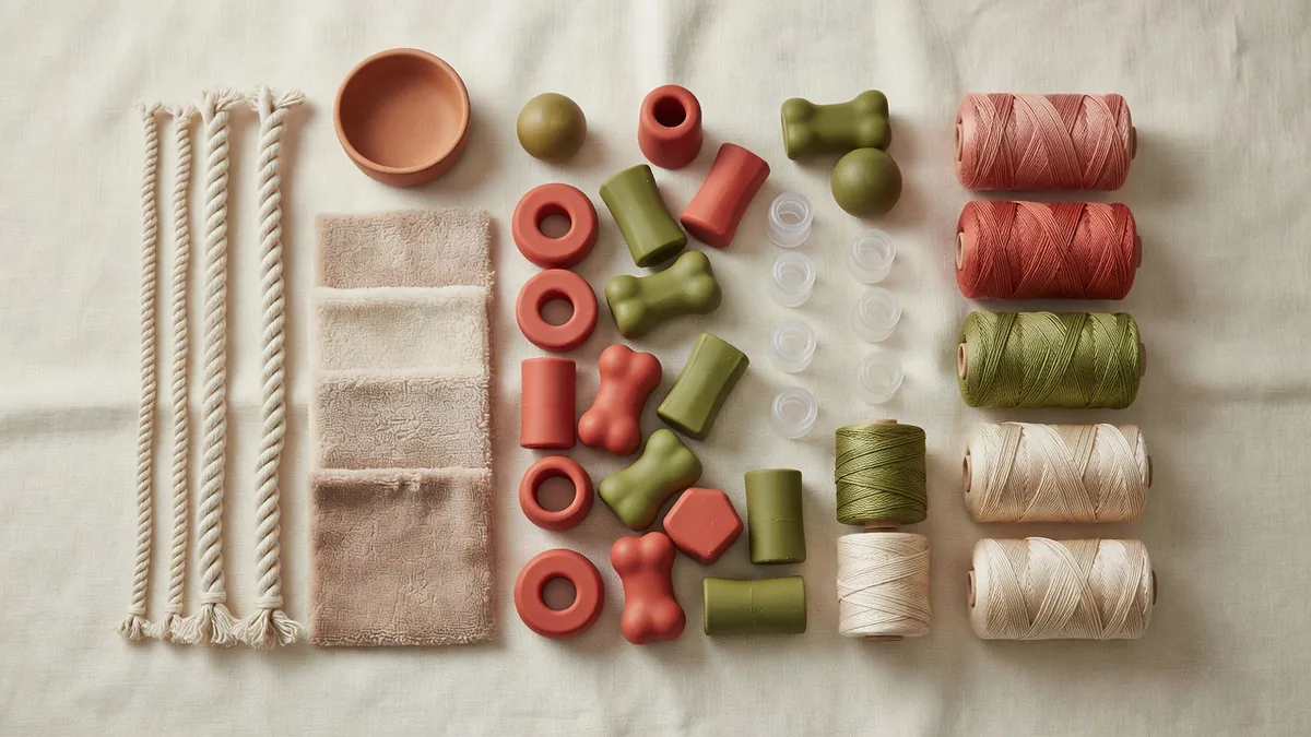 Flatlay dei materiali per i test sui giocattoli per cani: tessuto peluche, corda di cotone, pezzi da masticare in TPR e inserti squeaker