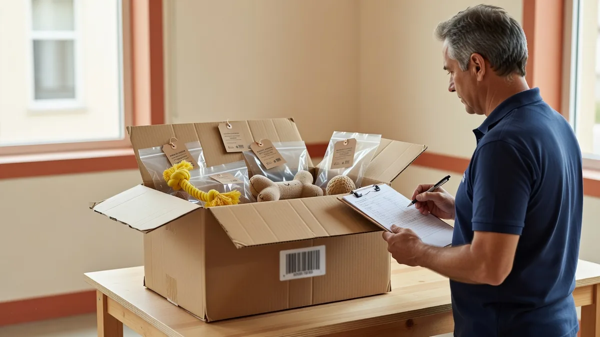 Ispezione di pack-out pre-spedizione per giocattoli per cani con unità in polybag e master carton