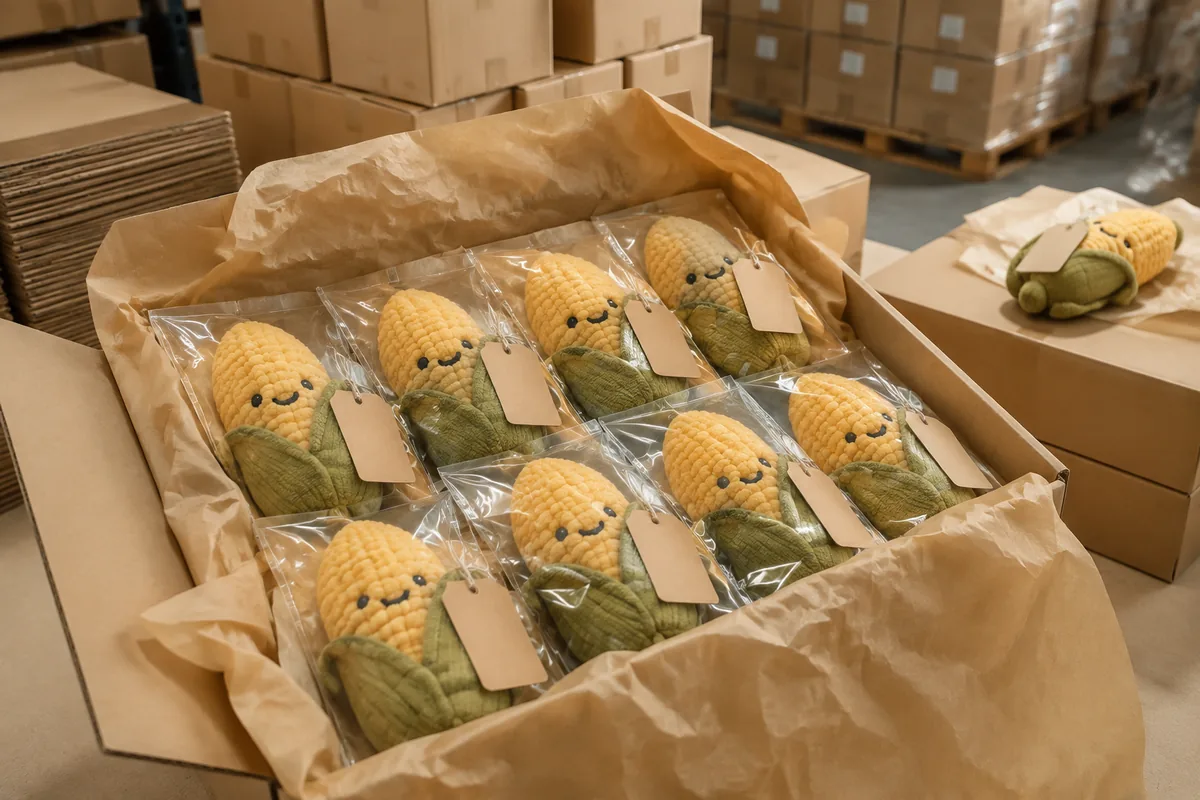 Pack-out in cartone export di peluche per cani in fibra di mais eco, con polybag e master carton per spedizione wholesale