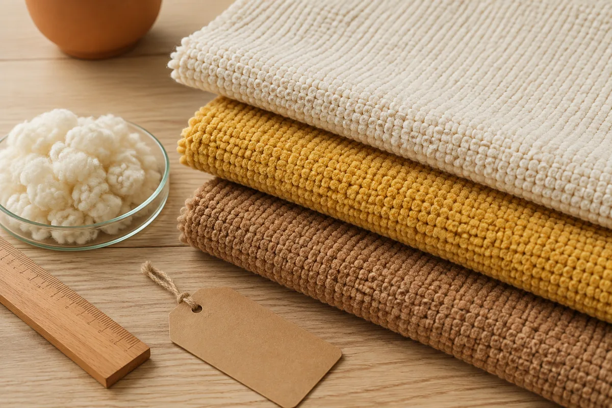 Campioni di tessuto peluche in fibra di mais e fibra in fiocco grezza su un tavolo di campionatura color crema caldo per buyer B2B di giocattoli per animali