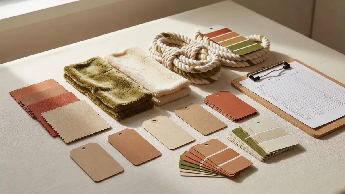 Flatlay materiali per RFQ di giochi per cani eco-friendly all'ingrosso: gomma naturale, peluche riciclato, corda in cotone organico, hangtag, cartelle colore
