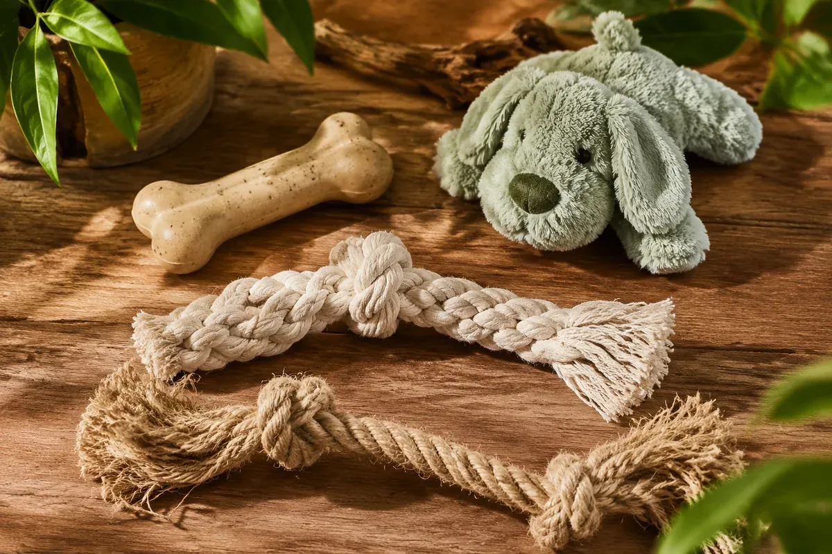Quattro materiali eco-friendly per giocattoli per animali: osso in gomma naturale, peluche in poliestere riciclato, corda in cotone biologico e tug toy in canapa su superficie in legno