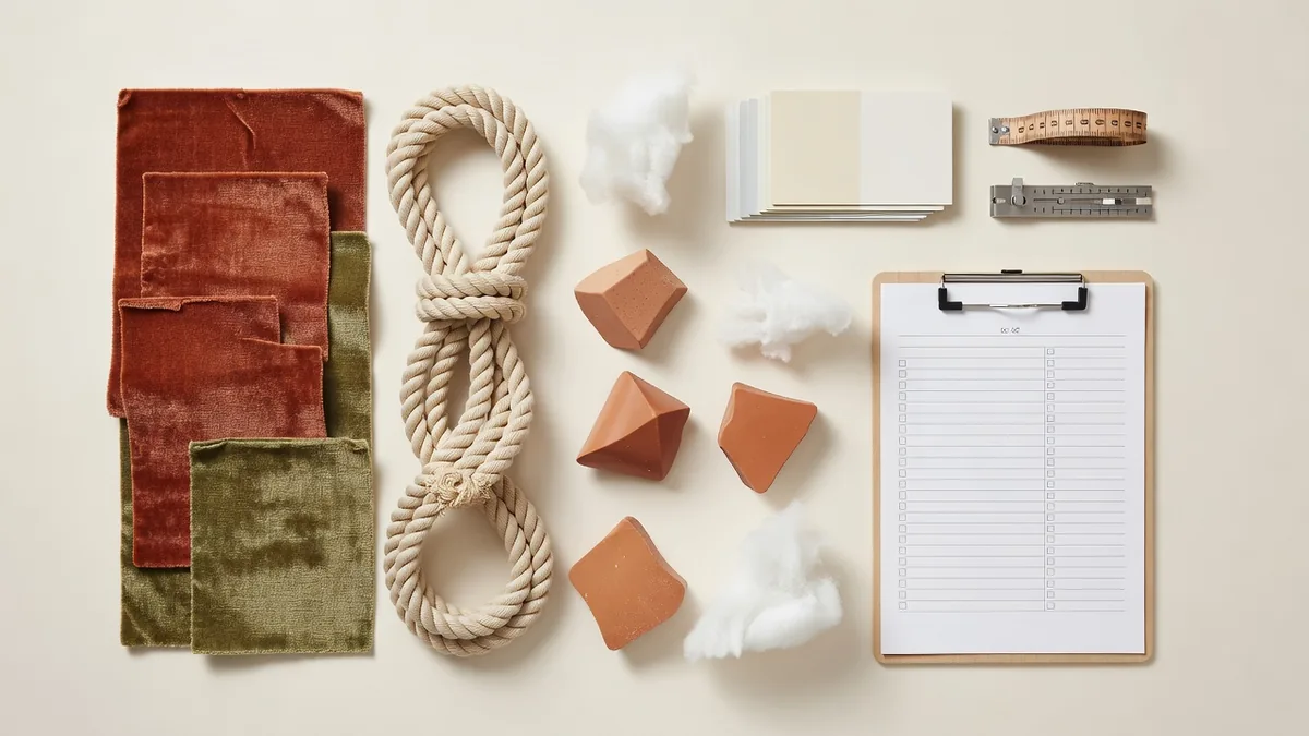 Flatlay materiali e QC per prezzi all'ingrosso di prodotti pet factory direct: tessuto peluche, corda, campioni TPR, cartelle colore