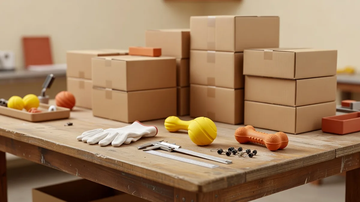 Banco QC e pack-out per buyer di giocattoli pet che confrontano le regole di intake del brand in licenza con l’AQL del private label