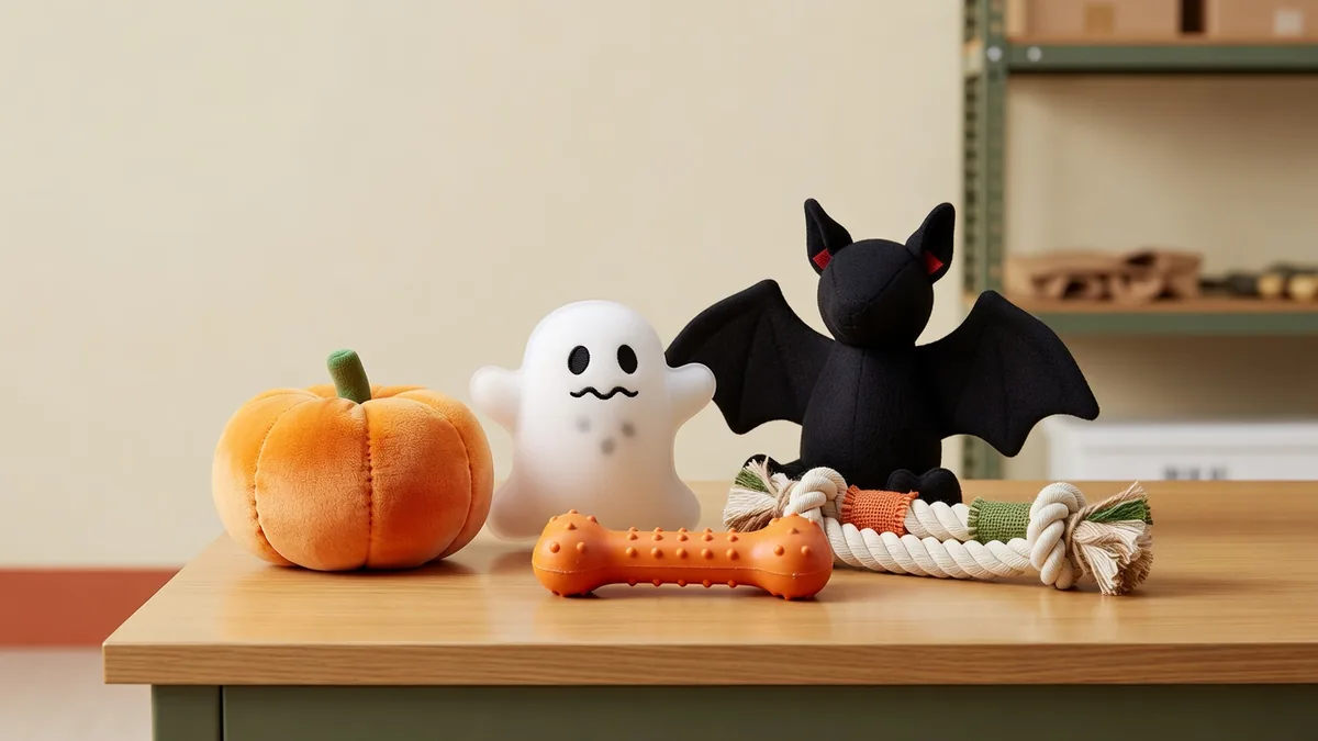 Assortimento di giocattoli per cani di Halloween su un banco campioni B2B, per buyer all'ingrosso che valutano SKU stagionali in peluche e gomma