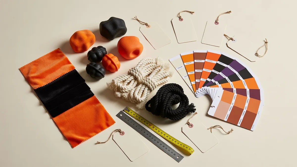 Flatlay di materiali e colori per RFQ di giocattoli per cani di Halloween all'ingrosso: peluche arancione e nero, gomma, corda, hangtag, carte Pantone