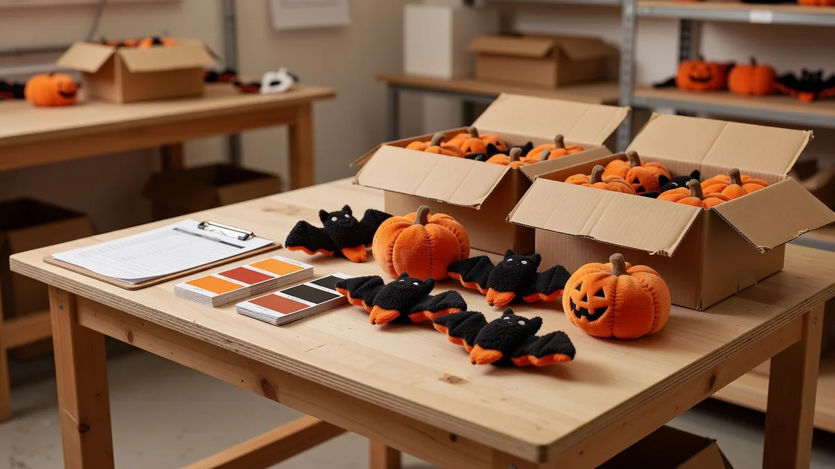 Banco QC e pack-out per giocattoli per cani di Halloween all'ingrosso, con checklist di ispezione, carte colore e master carton