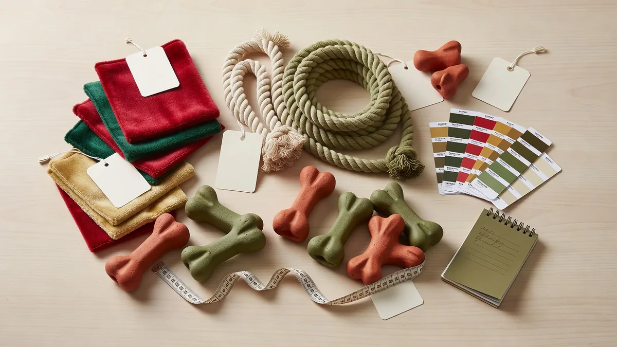 Flatlay materiali e QC per giochi per cani per le festività all'ingrosso: tessuto peluche festivo, corda, campioni TPR, hangtag, cartelle colore