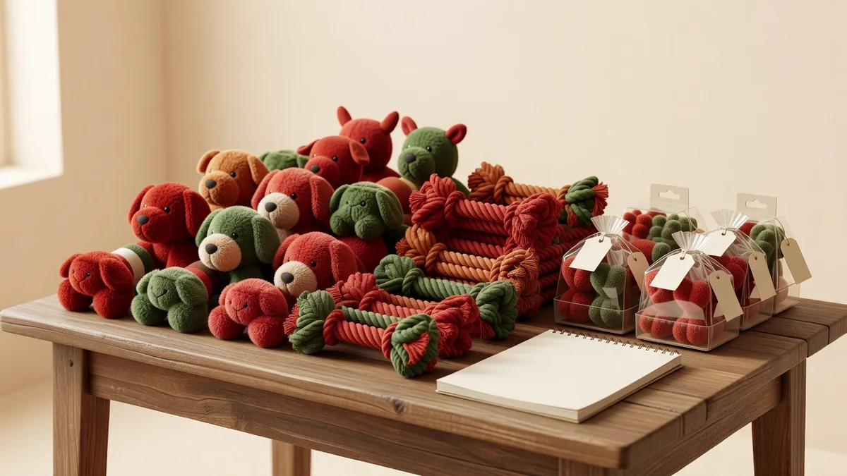 Assortimento stagionale di giochi per cani per le festività all'ingrosso su un banco campioni, con peluche festivi, corda e SKU pronti per il regalo