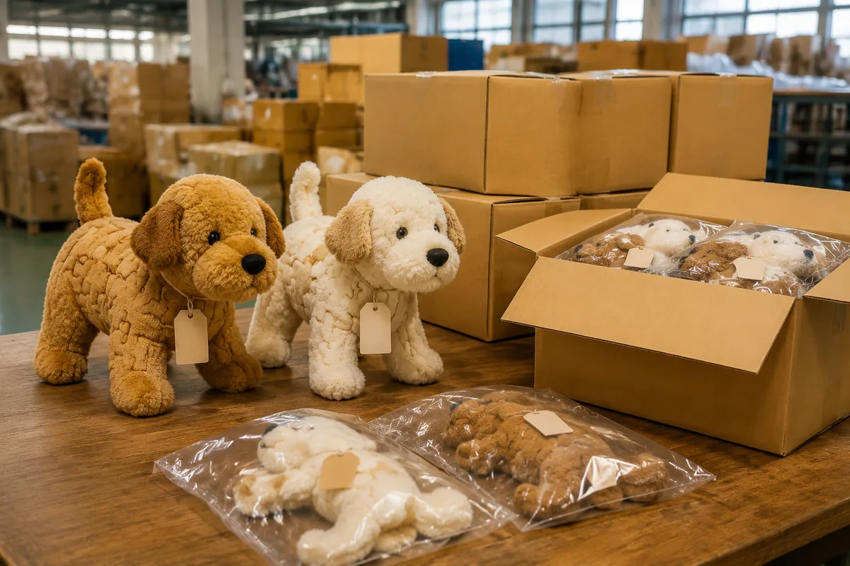 Peluche puzzle per cani private label con hangtag e polybag allestiti per il packing in cartoni export su un tavolo di fabbrica