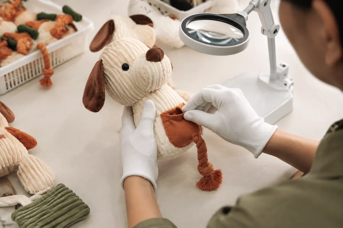 Ispezione QC di cuciture e aperture delle tasche snack di un peluche puzzle interattivo per cani su un tavolo di ispezione di fabbrica color crema