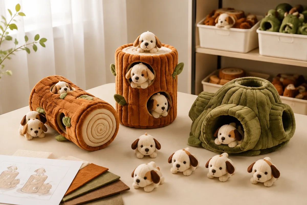 Peluche puzzle interattivi per cani con tasche nascondino e pezzi estraibili disposti su un tavolo di campionatura color crema caldo per la revisione private label