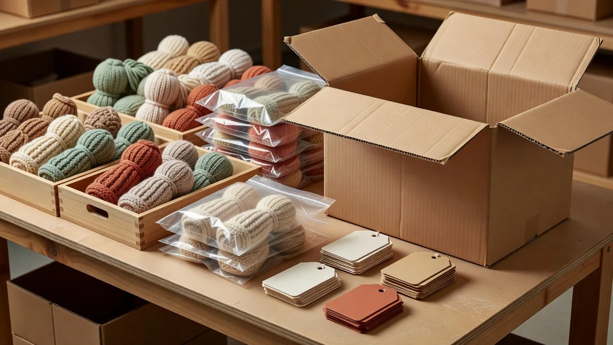 Pack-out all'ingrosso di giocattoli per cani a maglia con colorway, hangtag e master carton su un tavolo di fabbrica