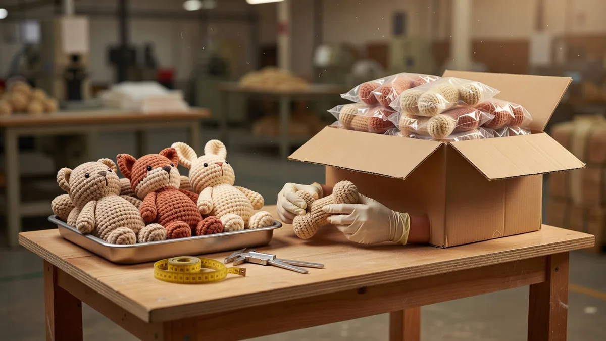 Banco QC per set di giocattoli per cani in maglia con squeaker: ispezione cuciture, test di compressione dello squeaker e pack-out del cartone export